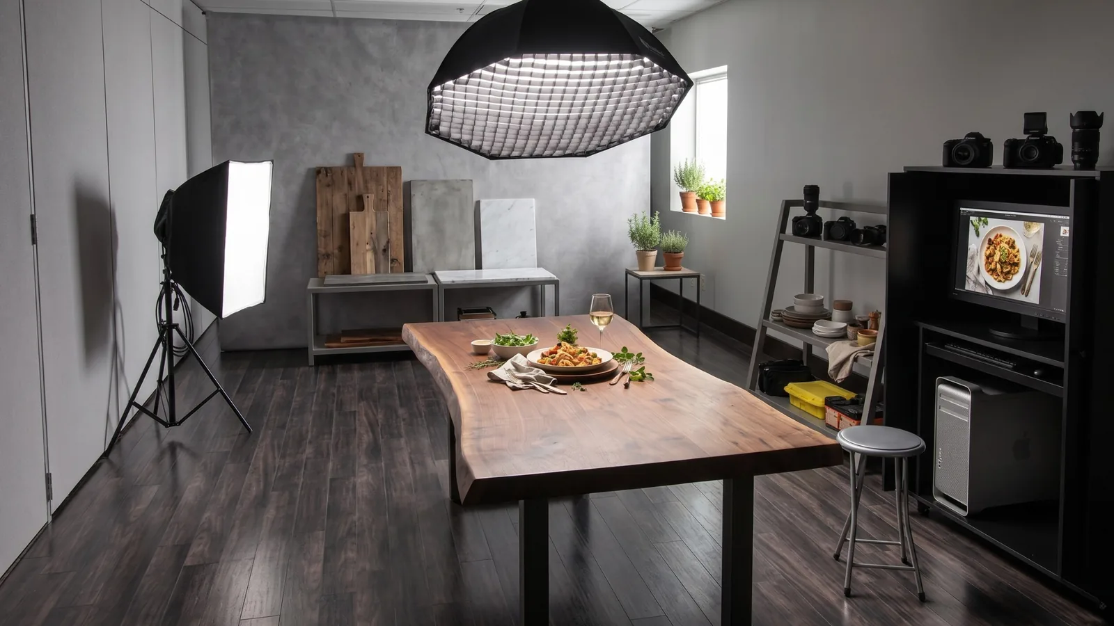 Studio e fotografisë ushqimore me tavolinë prej druri dhe ndriçim profesional